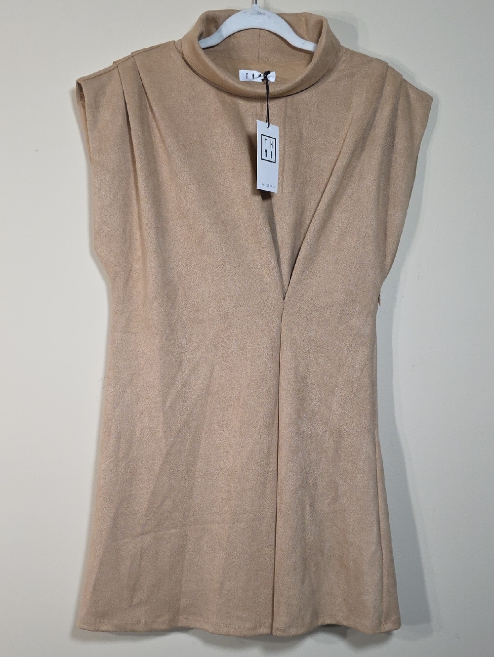 THML NWT Faux Suede Sleeveless Mini Dress in Beige | Cowl Neck - Picture 2 of 8